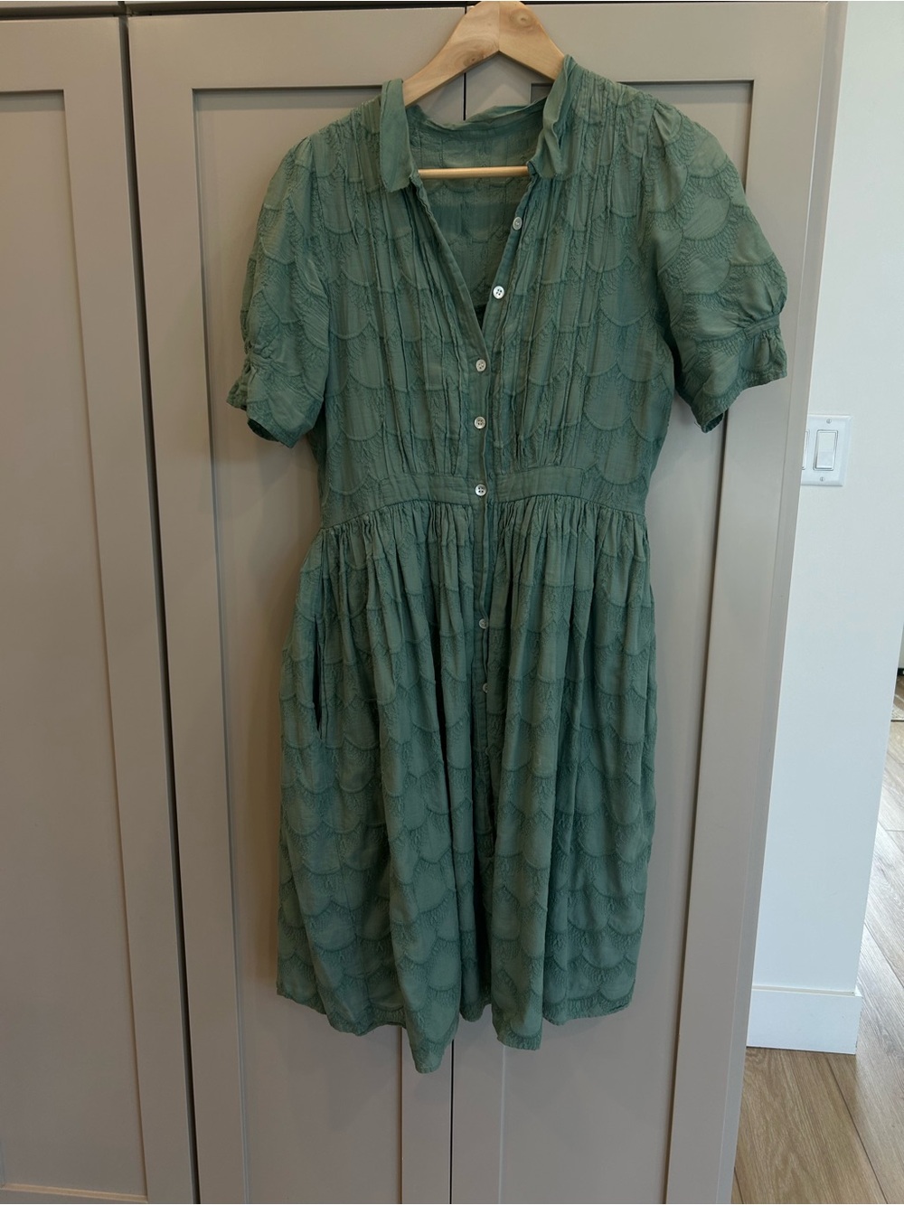Anthropologie Sage Green Textured Button-Front Midi Dress 100% cotton!!